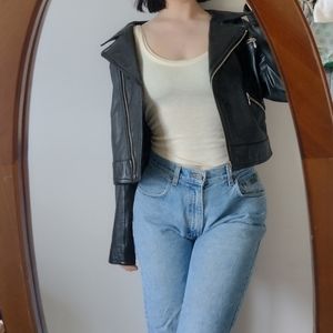 Guess Genuine Leather Cropped Vintage Zip Up Jacket